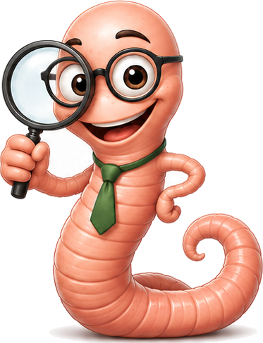 Professor Worm looking through a magnifying glass