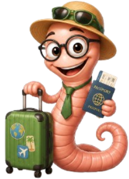 Professor Worm with a suitcase and sun hat